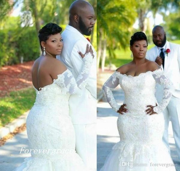 

2019 vintage mermaid long sleeve backless wedding dress lace off shoulder church garden western formal bridal gown plus size custom made, White