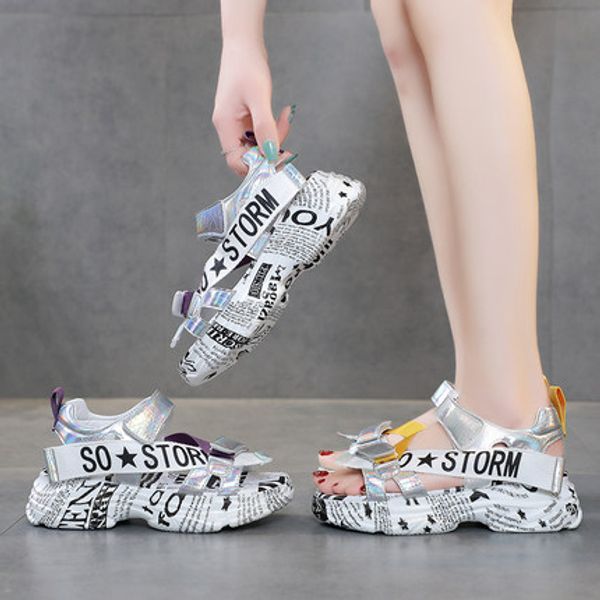 

sports sandals female ins tide summer 2020 new fashion wild thick bottom hip hop casual roman sandals fairy wind, Black