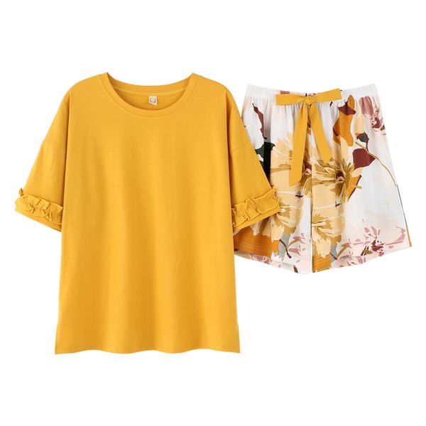 

women's sleepwear women cute 2pcs shirt&shorts pajamas set soild + floral shorts nightwear cotton intimate pyjamas casual homewear, Black;red