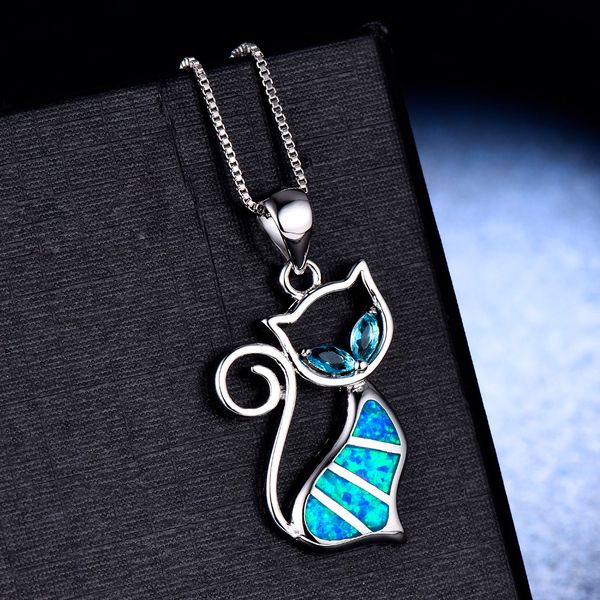 

rare design cute cat rose gold 925 sterling silver fire opal pendant chain necklace for women