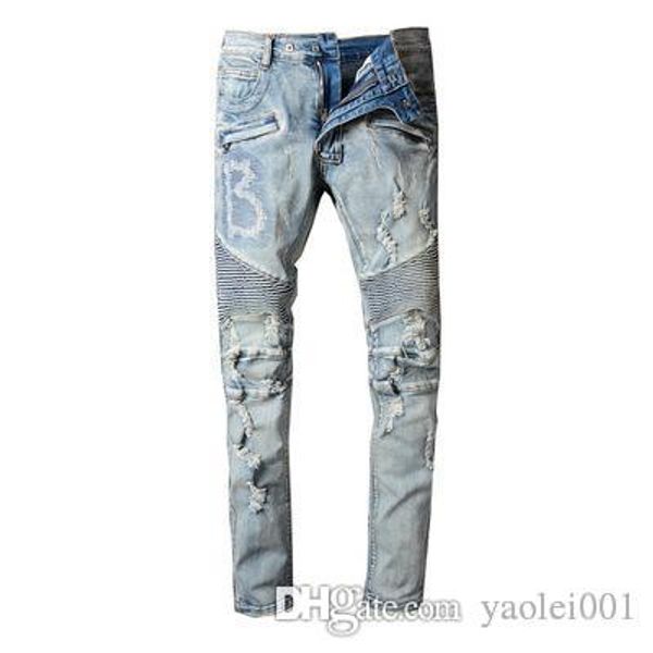 

mens luxury jeans high street fashion middle waist motorcycle pants hole embroidery slim casual jeans, Blue
