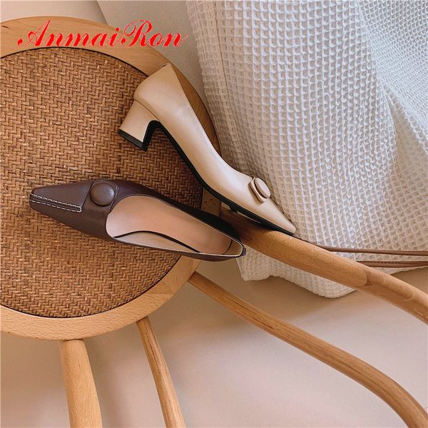 

anmairon slip-on wedding shoes 2020 basic square heel genuine leather casual squaretoe high heels pu elegant women shoes 34-40, Black