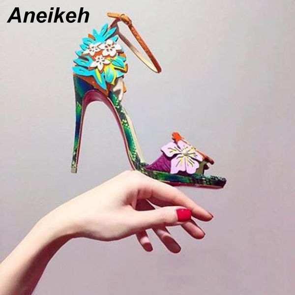 

aneikeh high heel sandal 2020 summer open toe thin heels women's shoes pu flower color fashion ladies pumps, Black