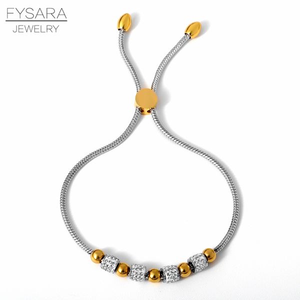 

fysara 4 color stainless steel gold black beads crsytals bracelets for women adjustable chain bangle bracelet men couple jewelry, Golden;silver