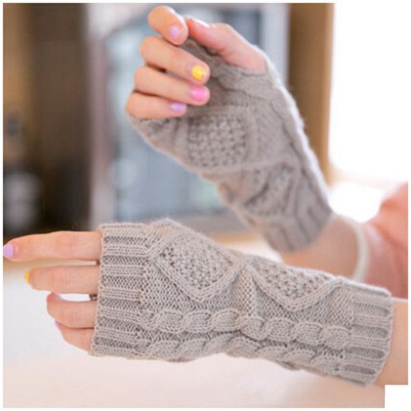 

solid winter gloves women knitted fingerless ladies gloves fashion arm warmer mittens women glove winter warm wrist with wool, Blue;gray