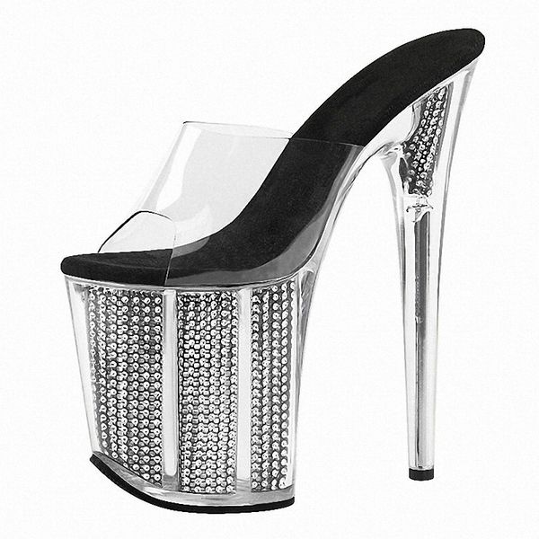 

summer new style clear rhinestone big size slippers 8 inches high heeled shoes stage show cross dressing novelty 20cm lady punk, Black