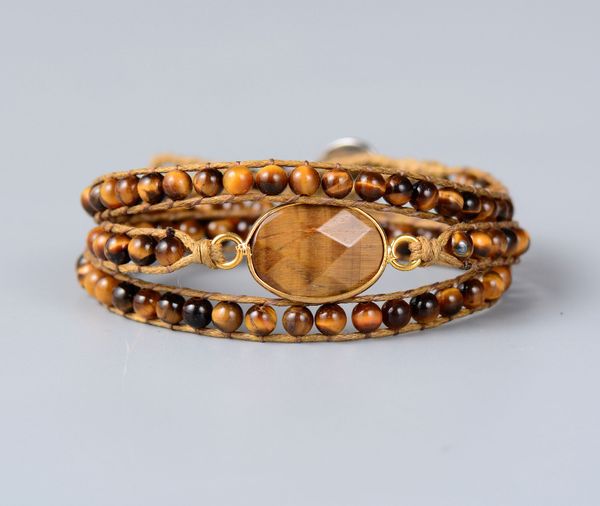 

unique tiger eye with natural stone charm 3 strands wrap bracelets handmade bohemian weaving cuff bracelet dropshipping, Golden;silver