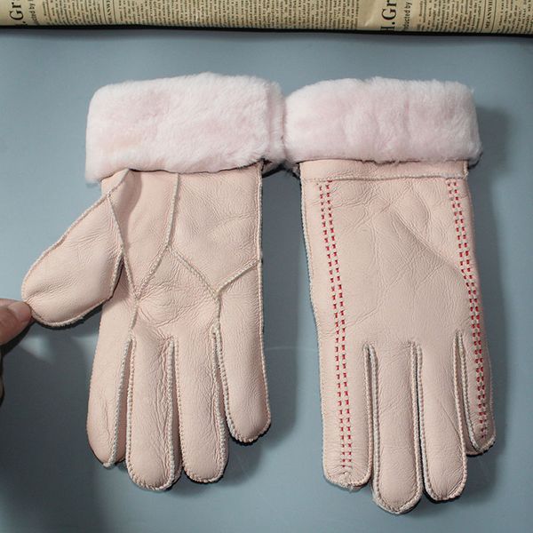 

fashion-women' genuine leather sheepskin gloves winter female outdoor ski motorcycle gloves ladies sheep fur finger, Blue;gray