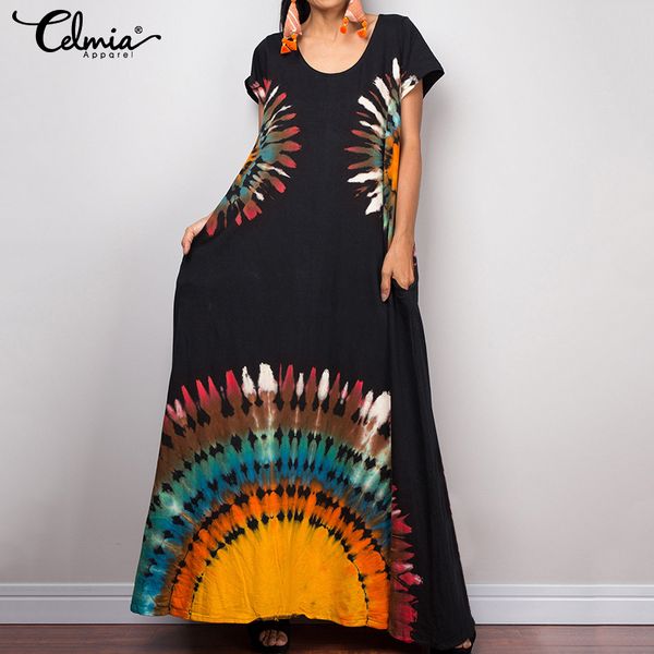

2020 celmia summer women vintage print long shirt dress short sleeve casual loose holiday maxi dress plus size robe vestiods 5xl, Black;pink