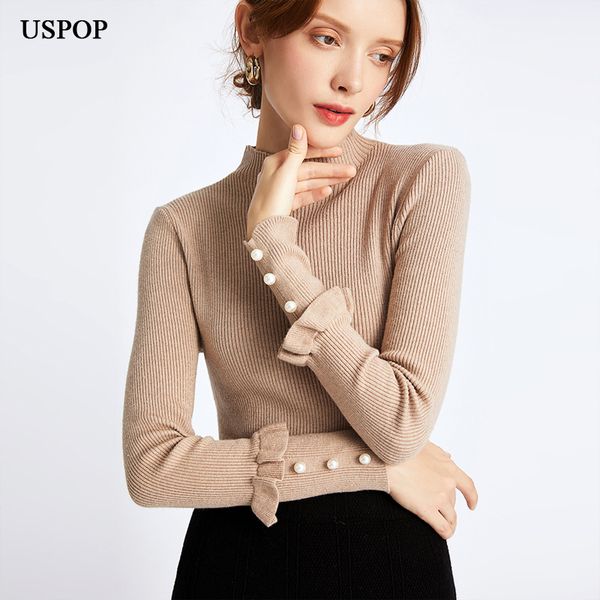 

uspop 2019 autumn new sweaters women beaded half turtleneck pullovers female ruffled long-sleeved sweaters knit basic shirt, White;black