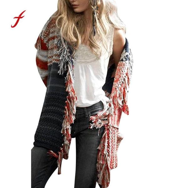 

sweater female 2020 autumn winter stripe five-pointed star printing tassels cardigan sweater outwear coat roupas femininas, White;black
