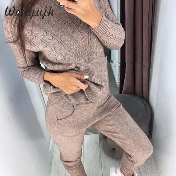 

wenyujh woman suits wool warm knitted sets turtleneck twist sweater+pant two piece set female winter suit woman sport costumes, White