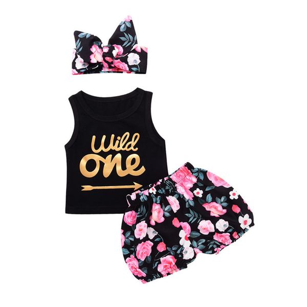 

3pcs newborn infant toddler baby girl wild one arrow letter +floral short +bowknot headband clothes set outfit, White
