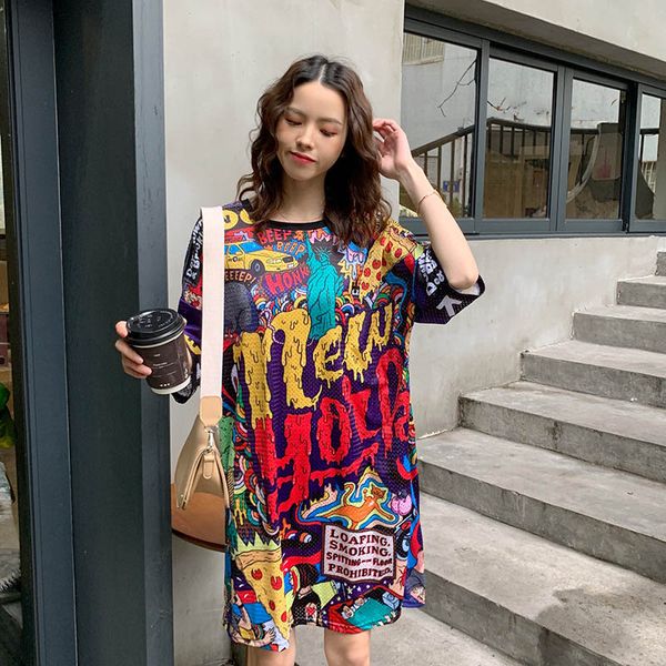 

women dresses 2019 summer new fashion casual vintage printed crew neck pullover loose a-line dress polyester size free, Black;gray