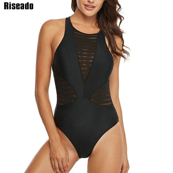 

riseado swimsuit женщины 2020 sexy холтер one piece купальники женский cut out mesh одежда для пляжа монокини backless купальниках, White;black