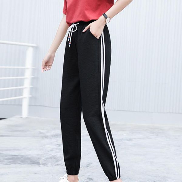 

new women casual harajuku spring autumn big size long trousers solid elastic waist cotton linen pants ankle length haren pants, Black;blue