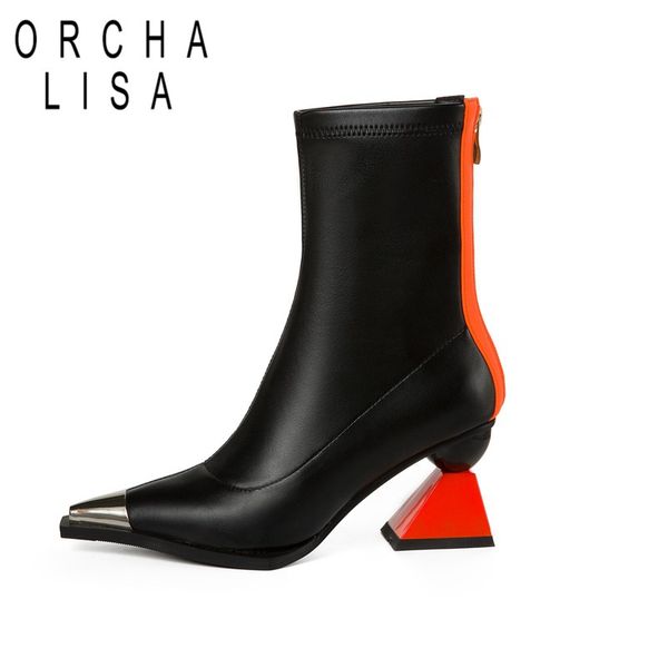 

orcha lisa genuine cow leather boots women pointed steel toe strange style heels shoes woman zipper mixed color botas bottes, Black