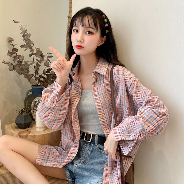 

sunscreen shirt women's 2020 spring and summer new lightweight loose all-match coat college style plaid shirt women, White