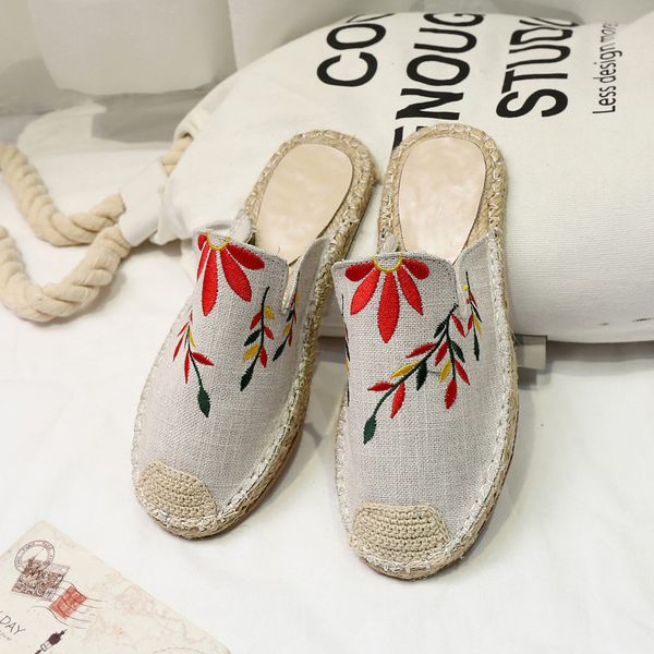 

new korean round womens slipper indoor rope embroidery embroidery fisherman shoes lazy shoes women's half slippers, Black
