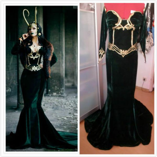 

lady loki female cosplay costume long skirt full set custom made, Black;red