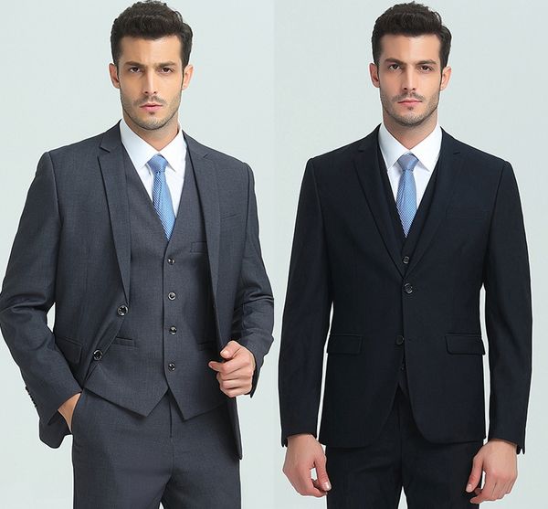 

custom made slim fit two buttons groomsmen lapel groom tuxedos royal blue men suits wedding/prom man blazer ( jacket+pants+vest, Black;gray