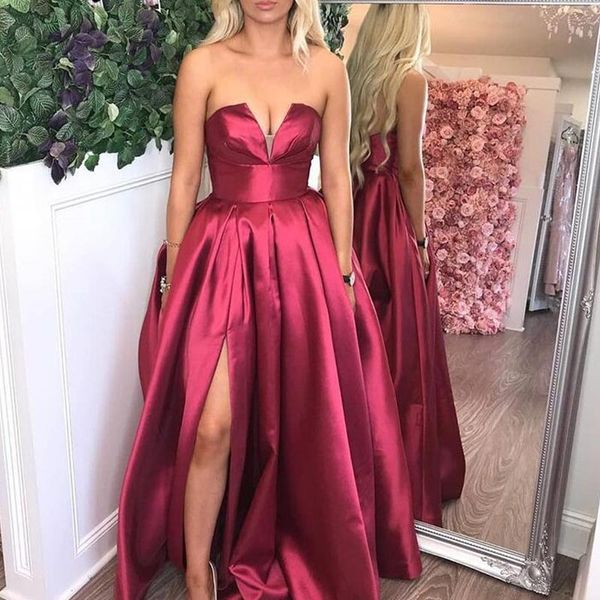 Burgunderrotes Satin-Abschlussballkleid, lang, 2020, Trauben-Split-Rochii-Kleid, Abendgarderobe, Party, formal, Plus-Size-Kleid, Gala-Kleid