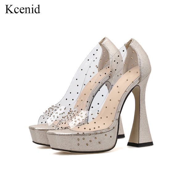 

kcenid 13.5cm высоких каблуков платформы партия свадьба обувь сексуального peep toe кристалл горный хрусталь очистить обувь прозрачных насос, Black