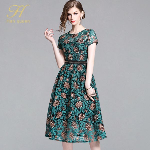 

h han queen 2019 new vintage embroidery a-line lace dress women summer hollow out ball gown dresses ol casual mid-calf vestidos, Black;gray