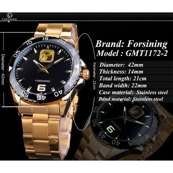 Forsining relógios masculinos mecânicos marca superior de luxo automático homem relógios ouro aço inoxidável à prova dwaterproof água luminosa mãos clock3262