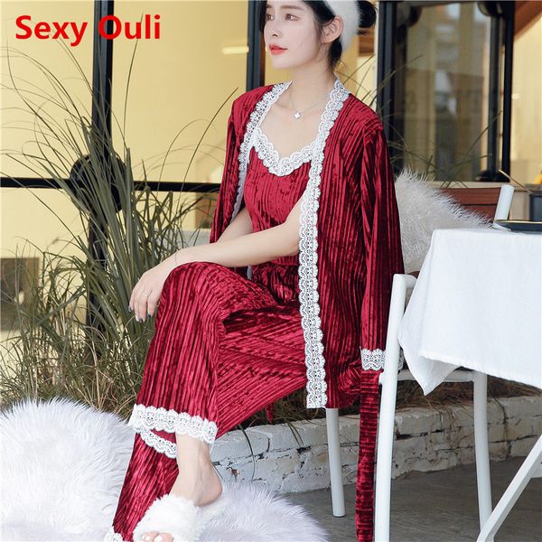 

new autumn winter pajamas for women long sleeve 3 pieces set sleepwear velvet pyjama femme pijamas sets, Blue;gray