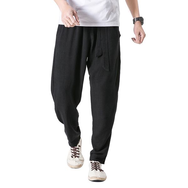 

mrdonoo 2018 summer chinese style cropped trousers linen long pants for men harem pants bermuda casual harem pants b001, Black