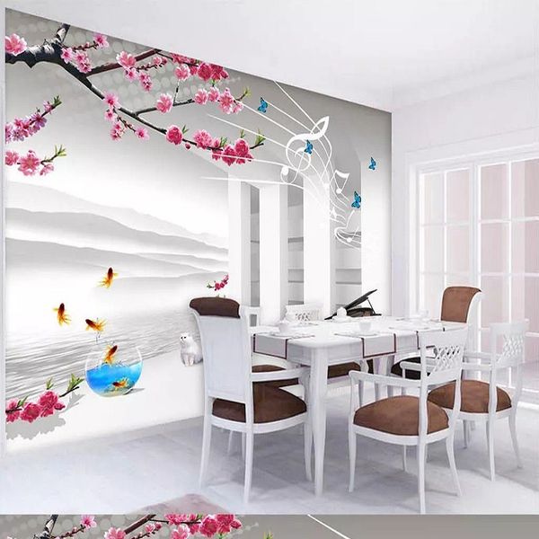 

custom large mural 3d wallpaper modern creative 3d expansion space peach blossom goldfish tv back wall decor 5d embossed