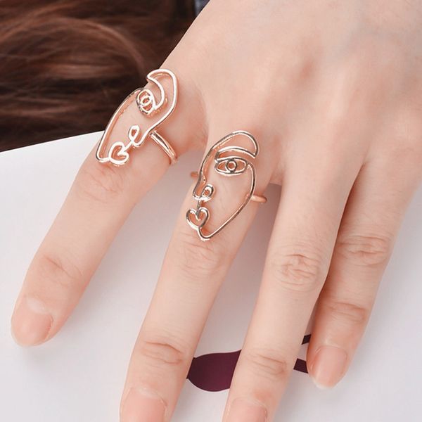 

2pcs/set hip hop unique abstract face ring set hollow minimalist personality matching half face rings for women couple jewelry, Slivery;golden