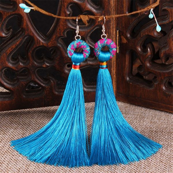 

yesucan chinese ethnic bohemia charm flower circle tassel earrings vintage long dangle drop earring fashion jewelry for women, Silver