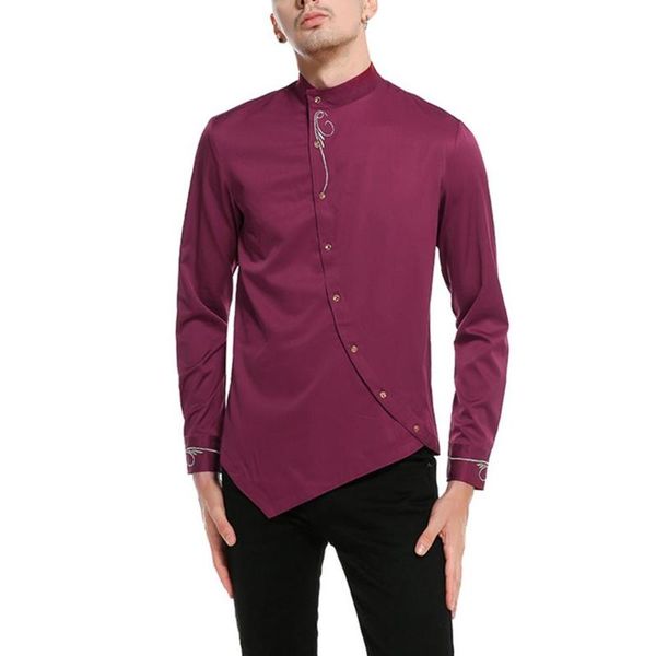 

men long sleeve stand collar jacquard diagonal button irregular hem slim shirt, White;black