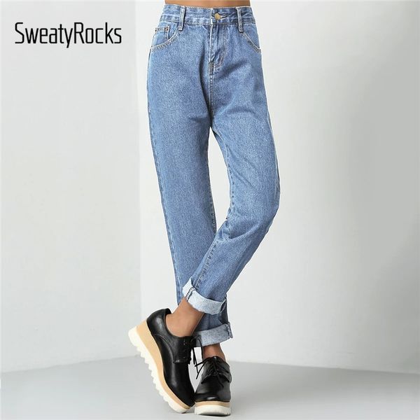 

sweatyrocks rolled up mom jeans streetwear women casual loose solid pants and trousers 2019 spring zipper basics jeans, Blue