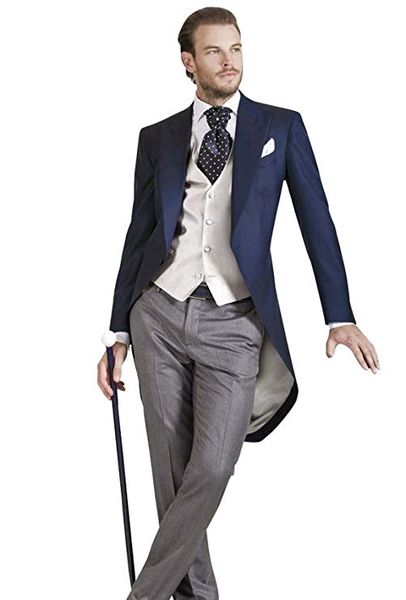 

navy blue formal tailcoat long jacket tuxedos groom wedding suits for men italian classic party prom suit costume homme mariage, White;black