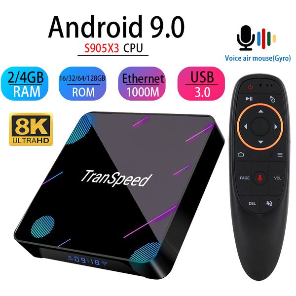 

Transpeed X3 Plus Android 9.0 TV Box 4K 8K Amlogic S905X3 4GB 32G 64G 128G Bluetooth 1000M WiFi 1000M Ethernet Голосовой помощник