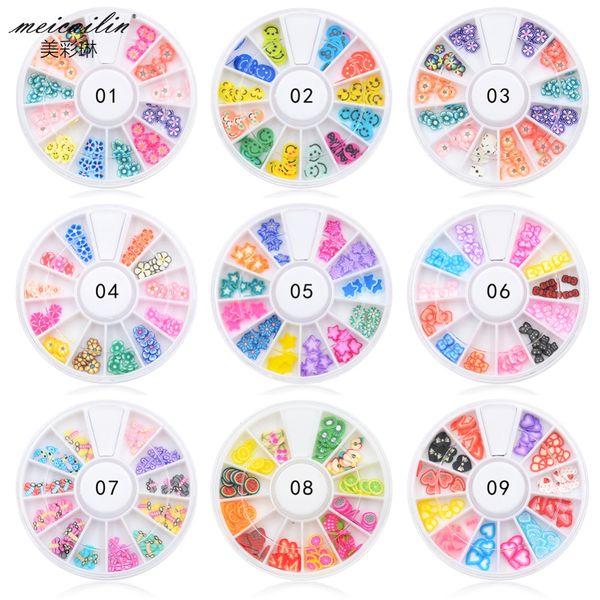 

mixed color 1 wheel 3d tiny cute nail art accessories star/bee/flower/fruit fimo slices slicing tips manicure nail decorations, Silver;gold