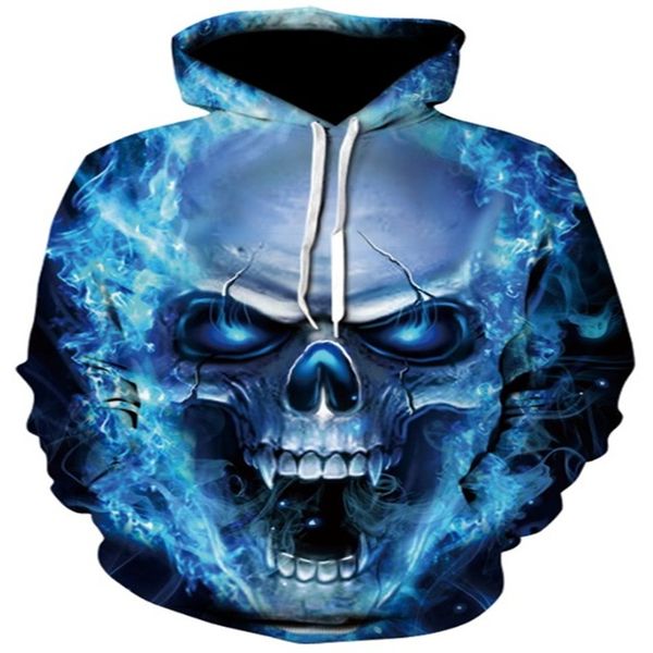 

new blue flame skull hoodies 3d sweatshirts men women hooded loose tracksuits autumn winter coat streetwear jackets hoodie, Black