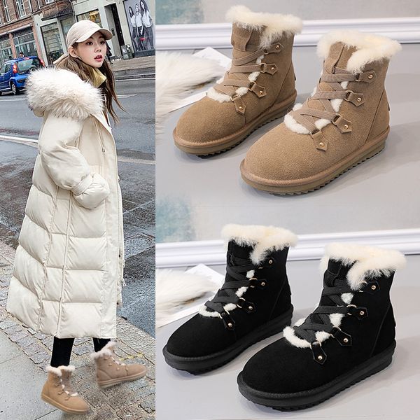 

2019 winter casual fashion leather snow boots women's fur all-in-one short tube non-slip thick bottom plus velvet cotton shoes, Black