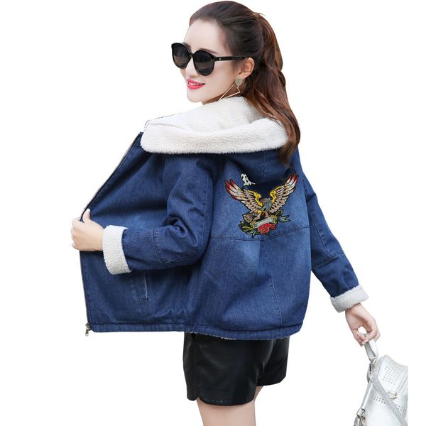 

2019 autumn and winter new style korean-style large size students lambs wool hooded jeans coat brushed and thick cotton-padded c, Blue;black