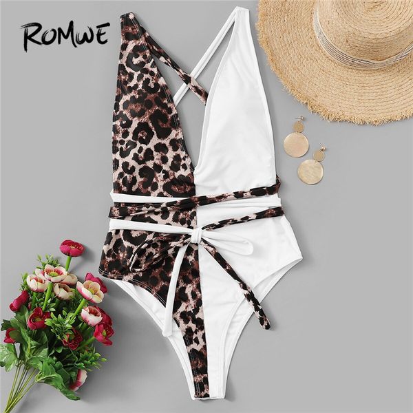 

romwe sport multicolor monokinis leopard criss cross backless one piece swimwear women summer 2019 plunge neck swimsuit, White;black