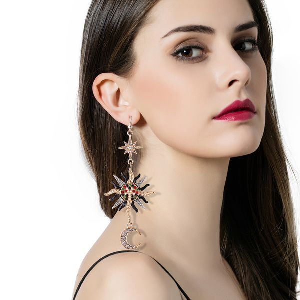 

wholesale- fashion luxury designer exaggerated colorful diamond rhinestone moon star sun asymmetry long clip on earrings for women, Golden;silver