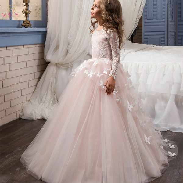 

walk beside you flower girl dresses vestidos de primera comunion ball gowns for girls pink lace floral long sleeves primera 2019, Red;yellow