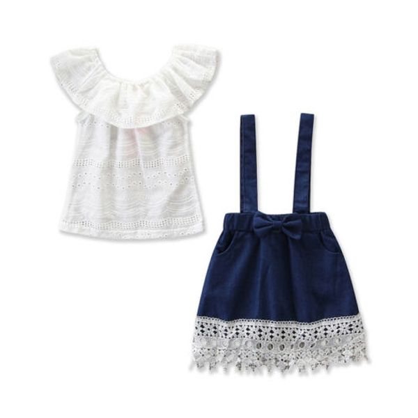 

2pcs baby kids outfits white short sleeve tops+denim strap skirt sets 1-5years