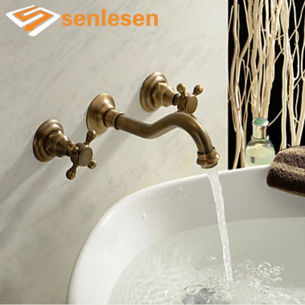 

wholesale and retail antique brass wall mounted bathroom basin faucet dual cross handles vanity sink mixer tap widespread