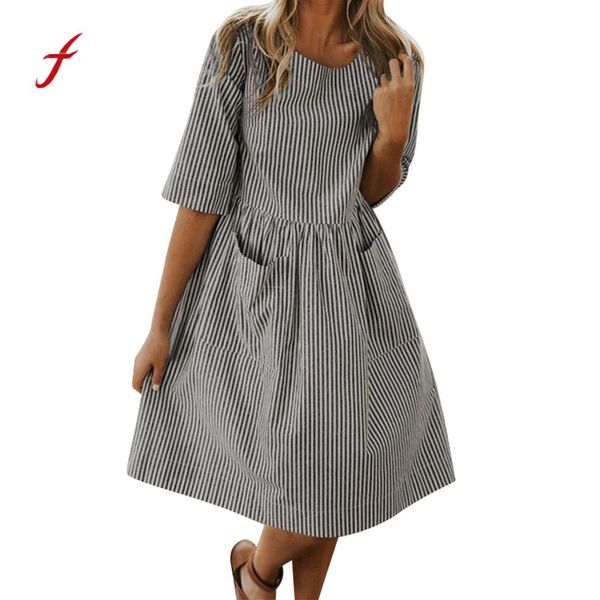 

women Dress 2018 Women Half Sleeve summer style women clothing Casual Striped Loose Knee-length Pocket Elastic Waist Dress