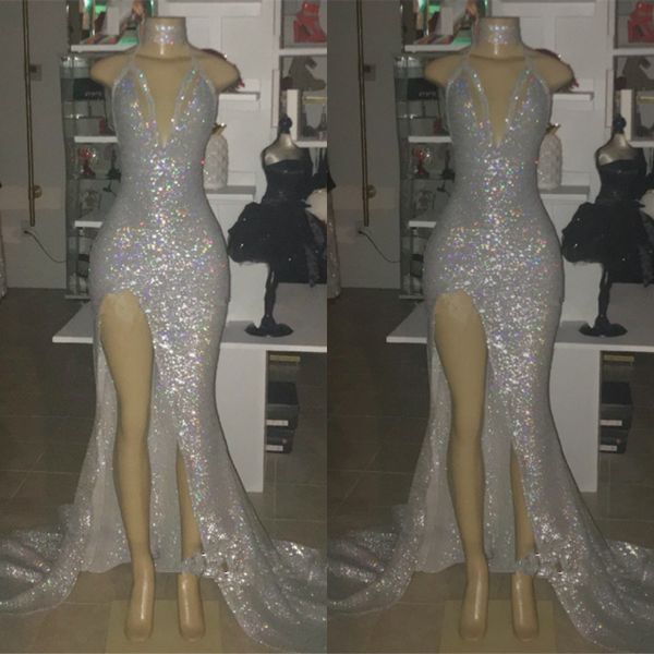 2019 Bling Bling Silver Mermaid Prom Dresses Спагетти Блестками Блестки Сбоку Сплит Развертки Поезд Плюс Размер Вечерние Платья Abendkleider