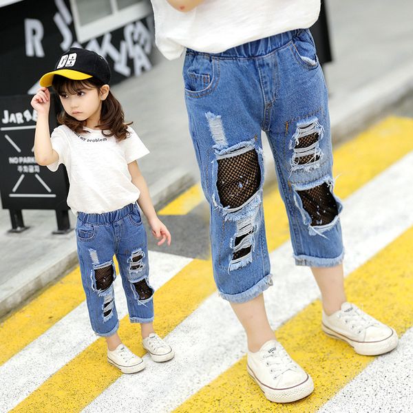 

girls broken hole jeans summer fall style 2018 trend denim trousers for kids children cotton nets cropped pants, Blue